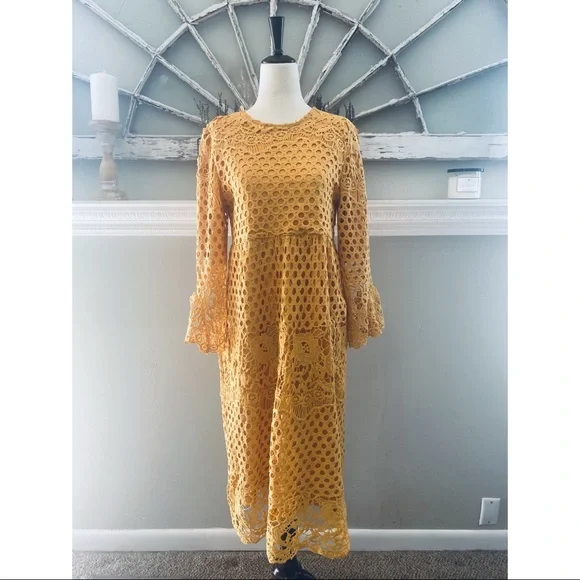 Orange Creek Mustard Lace Midi Dress Size Small - Picture 3 of 16